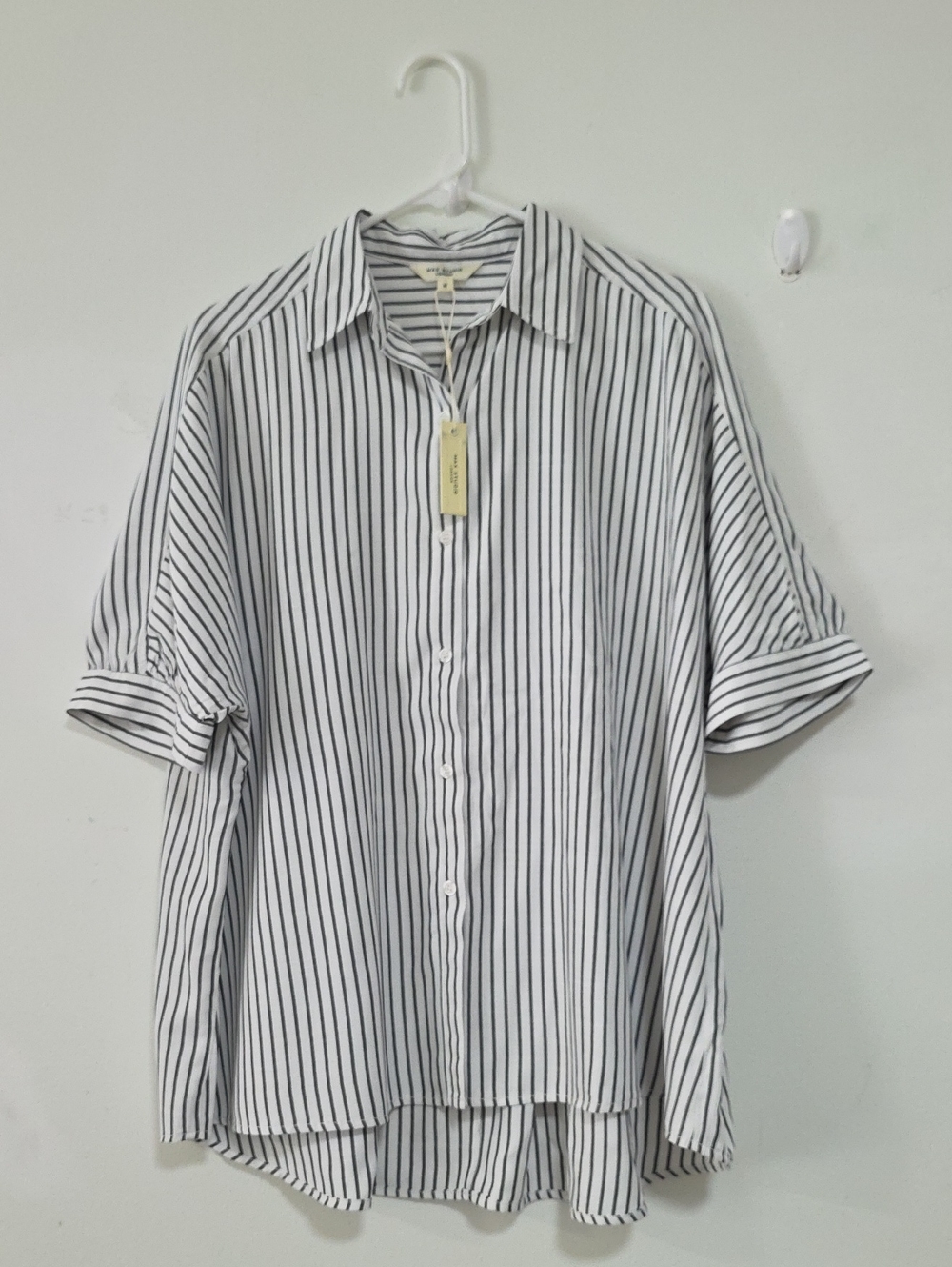 Max Studio White Blouse with Black Vertical Stripes